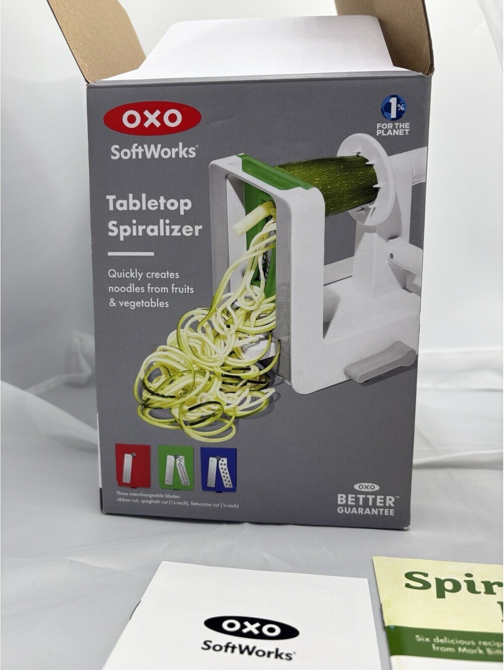 OXO SoftWorks Tabletop Manual Spiralizer Blades Storage Manual Recipe Book NIB